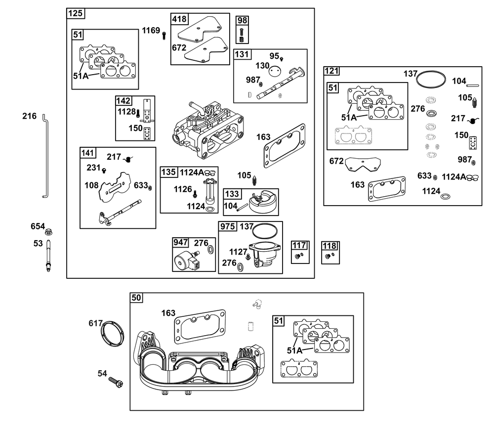 Carburetor Group Diagram and Parts List for 44S977-0031-B5 400000 - 699999 Briggs and Stratton Engine